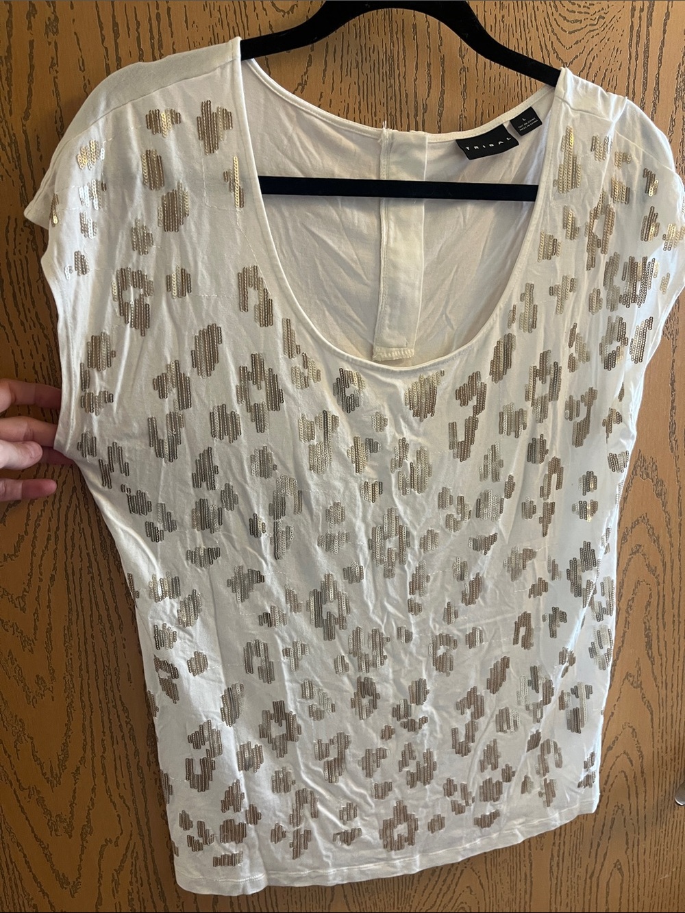 Tribal White Short Sleeve Tee with Gold Sequin Pattern